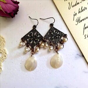 Sleek Chic Robust Feminine Girly Elegant Rustic Copper & MOP + Pearl Earrings